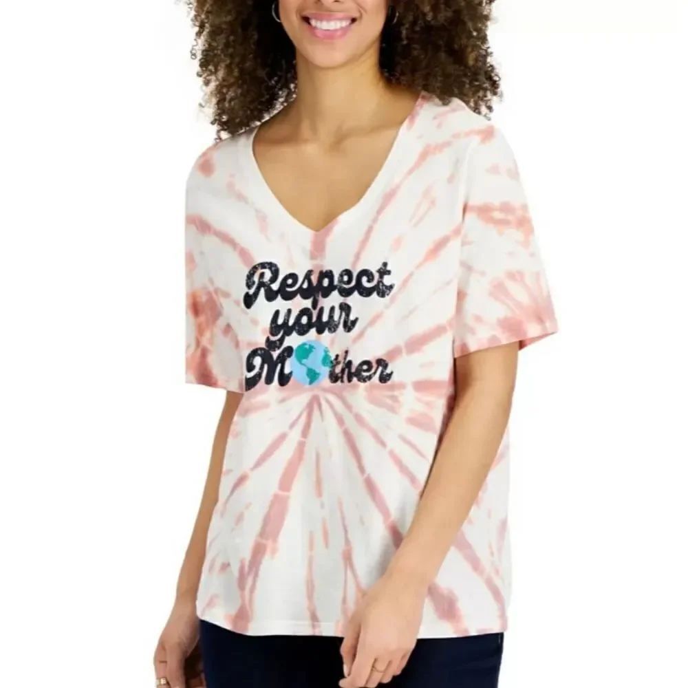 NWT Style & Co XL Tie Dye Purple white Cotton Printed Oversized V-Neck T-Shirt